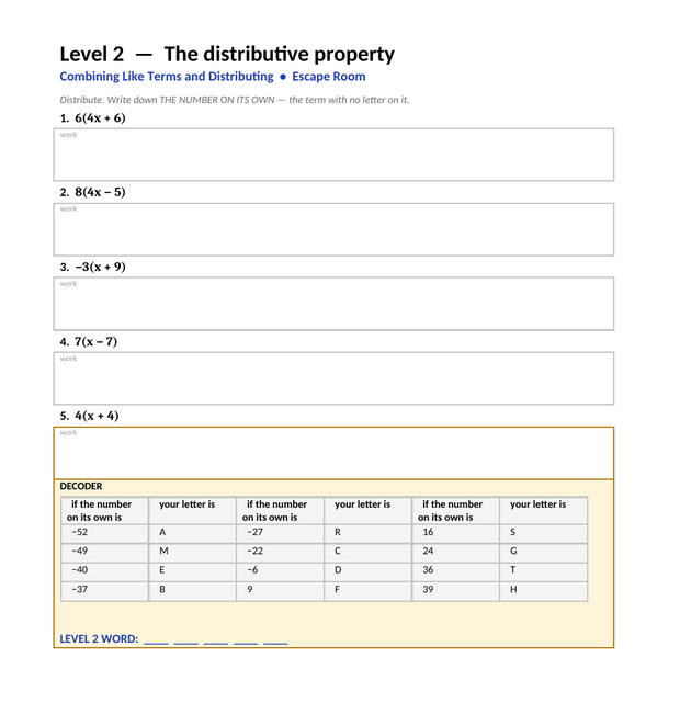 Escape room level page with a decoder students solve into